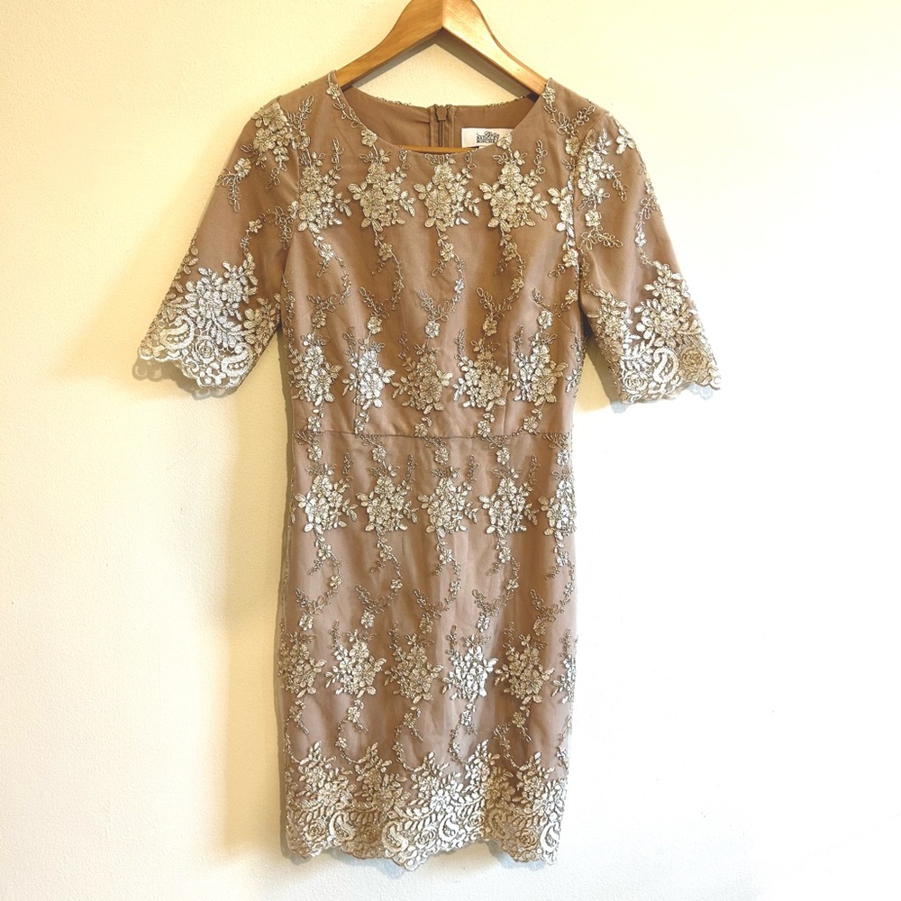 Badgley Mischka gold print above the knee dress